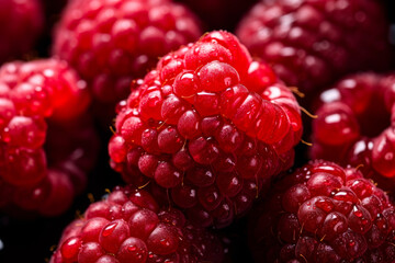 Closeup of fresh ripe red raspberries with dew drops