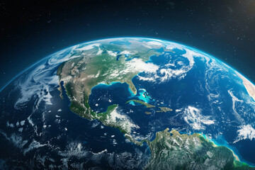 Planet Earth with American continent and atmosphere, view from outer space
