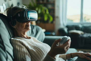 Woman sitting on couch in living room is engaged in augmented virtual reality glasses
