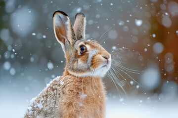 Brown fluffy hare in the snow