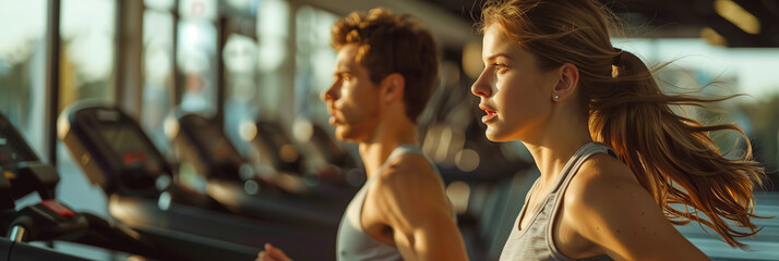 Fototapeta na wymiar Caucasian man and woman in exercise clothes running on treadmills in gym.