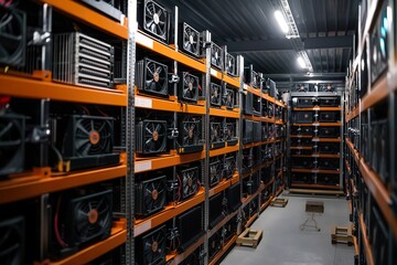 A large room buzzing with activity, housing numerous computers used for mining operations.