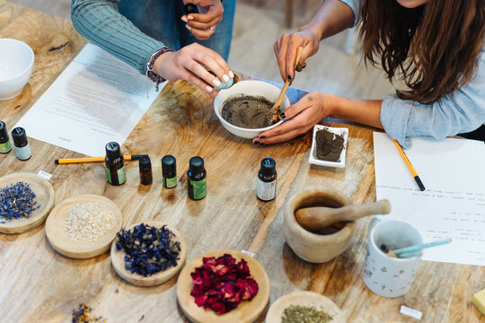 Natural soap workshop. Mixing ingredients to make soap