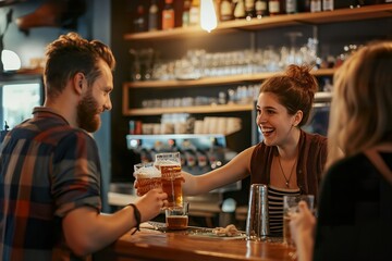 A man and a woman sitting together at a bar, sipping beer and engaging in conversation.