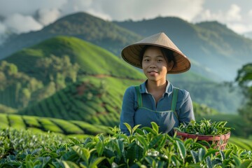 Joyful tea harvester Asian woman with fresh pickings in mountainous terrain tea plantation