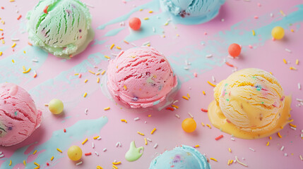 Colorful melted ice cream balls in pastel colors. A bunch of s weets background. Pink blue yellow mint