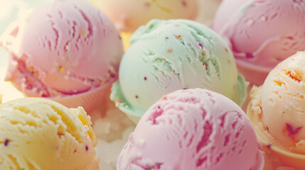 Colorful melted ice cream balls in delicate pastel colors. Sweets background. Pink blue yellow mint