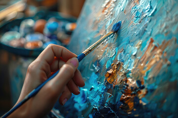 The artist's hand paints a picture close-up
