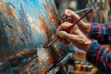 The artist paints a picture on the canvas, close-up
