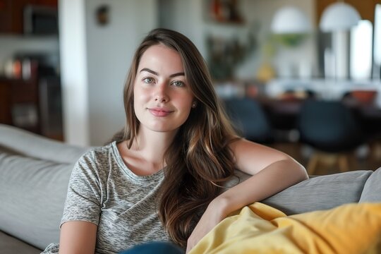 A Caucasian woman named Irene Montero sitting on top of a couch next to a yellow blanket.