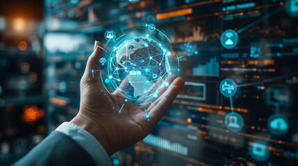 Selective focus of A businessman is holding a hologram showing a digital globe consisting of technology and social icons.