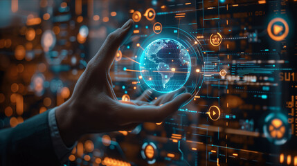 Selective focus of A businessman is holding a hologram showing a digital globe consisting of technology and social icons.