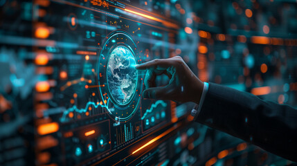 Selective focus of A businessman is holding a hologram showing a digital globe consisting of technology and social icons.