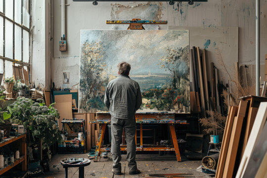 artist paints a picture with paints on an easel