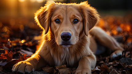 The golden labrador lying on the grass with elongated paws, like calmness and peace in the appear
