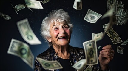 happy senior woman with banknotes in her hand. - obrazy, fototapety, plakaty