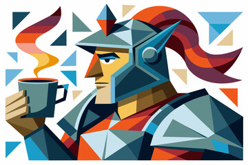 knight in profile with a cup of coffee on a white