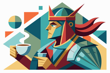 knight in profile with a cup of coffee on a white