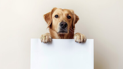 Funny cute dog holding blank white banner, poster, sign. Blank horizontal web banner template with...