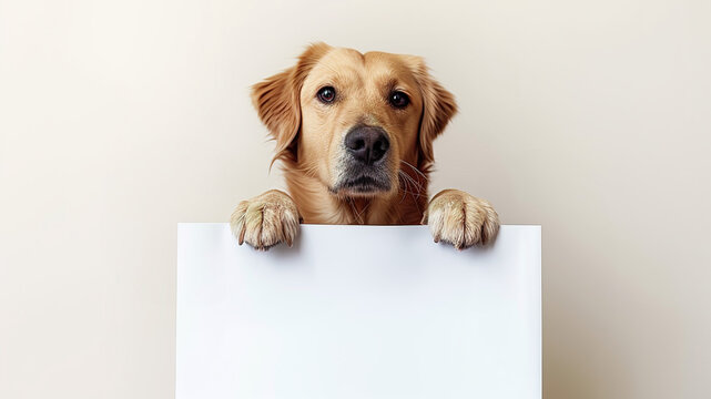Funny cute dog holding blank white banner, poster, sign. Blank horizontal web banner template with copy space. Generative AI
