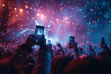 Selective focus of Silhouettes of people holding phones to take pictures at a concert, lights from a performance stage.
