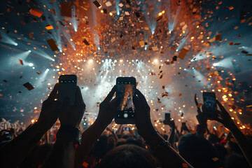 Selective focus of Silhouettes of people holding phones to take pictures at a concert, lights from...