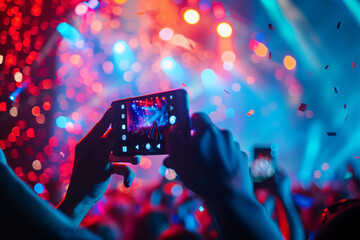 Obraz premium Selective focus of Silhouettes of people holding phones to take pictures at a concert, lights from a performance stage.