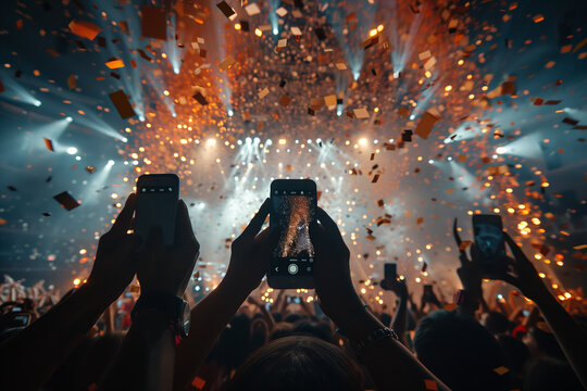 Selective focus of Silhouettes of people holding phones to take pictures at a concert, lights from a performance stage.