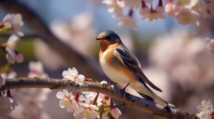 Small bird, yellow rumped Warbler, sitting on a cherry tree branch, AI generated