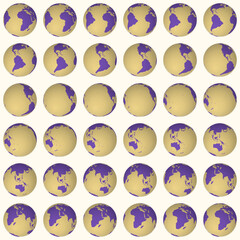Collection of planet globes. Tilted sphere view. Rotation step 10 degrees. Solid color style. World map with dense graticule lines on creamy background. Great vector illustration.