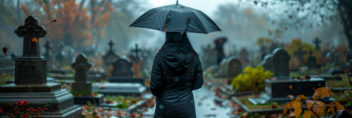 Selective focus of Back view of woman wearing black dress holding umbrella on rainy day at Christian cemetery. - obrazy, fototapety, plakaty