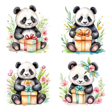 set of 4 watercolor Cute panda holding wonderful gift box clipart, cartoon character design, watercolor paint, highly detailed, spring day vibes, isolated on white background