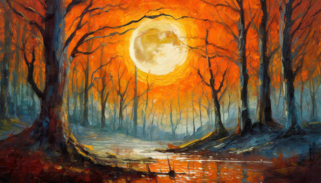 Oil painting of spooky forest with full moon on orange background. Dead trees. Wild nature.