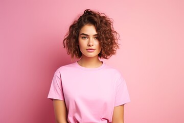 Beautiful attractive smiling woman wearing a pink t-shirt on a pink background, she is wearing glasses, look in camera, portrait shot, studio background