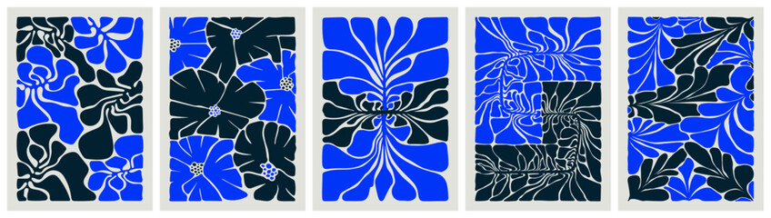 Fototapeta na wymiar Set groovy abstract flower poster, Minimal floral art prints Matisse inspired, Organic doodle shapes in trendy naive retro style, Funky botanic vector illustrations in blue colors