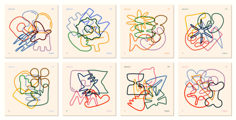 Set of compositions from contours various unusual figures drawn hand with multiplying effect, Сollage of сurve silhouettes minimal childish bizarre abstract playful geometric shapes, wall art set 2