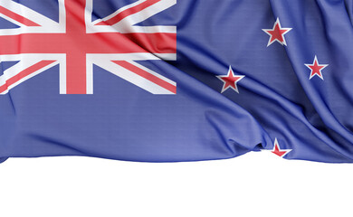 Flag of New Zealand isolated on white background with copy space below. 3D rendering