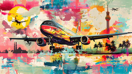 Summer adventure. Pop art collage with an image of an airplane.