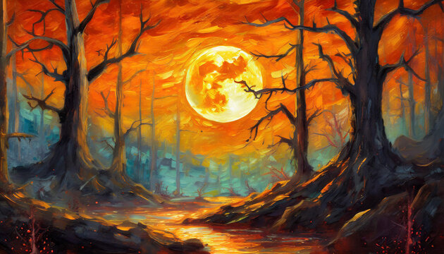 Oil painting of spooky forest with full moon on orange background. Dead trees. Wild nature.
