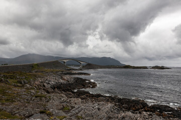 Norway Atlantic Ocean Road (Atlanterhavsveien) before the storm. Norwegian landscape on cloudy day.