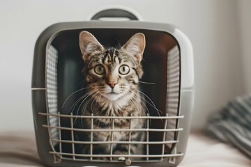Photo of a cat inside a travel carrier box symbolizing a pet moving to a new home. Concept Pet Photography, Traveling with Pets, Moving Day Prep
