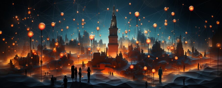 complex illustration of network and team connecting together in an array for business