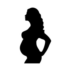 Silueta aislada de mujer embarazada desnuda de pie con mano en la cadera de perfil	