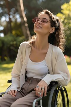 paraplegic female wheelchair user sitting in narrow lightweight wheelchair wearing glasses, enjoying the park 
