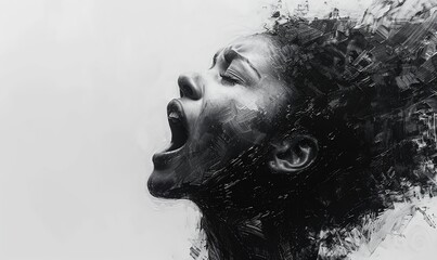 Close-up portrait of a screaming woman, black and white color