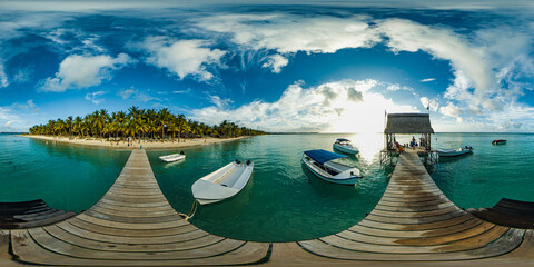 Beautiful 360 degree panorama at the beach of Trou Aux Biches Mauritius at sunset with no people.