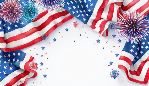 an american flag with fireworks in the background, white space at top and bottom for text or graphic elements, white background Generative AI