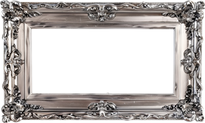 Elegant silver picture frame with intricate designs, cut out transparent
