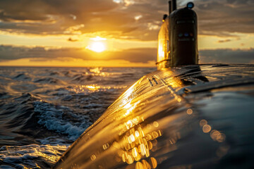 A submarine is in the water with the sun shining on it