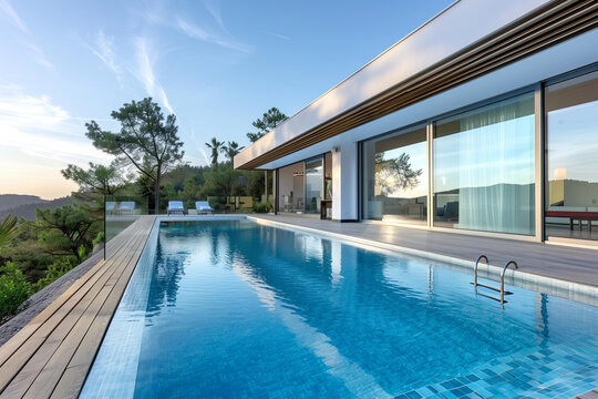 luxury country villa with panoramic windows and a swimming pool. modern minimalist design